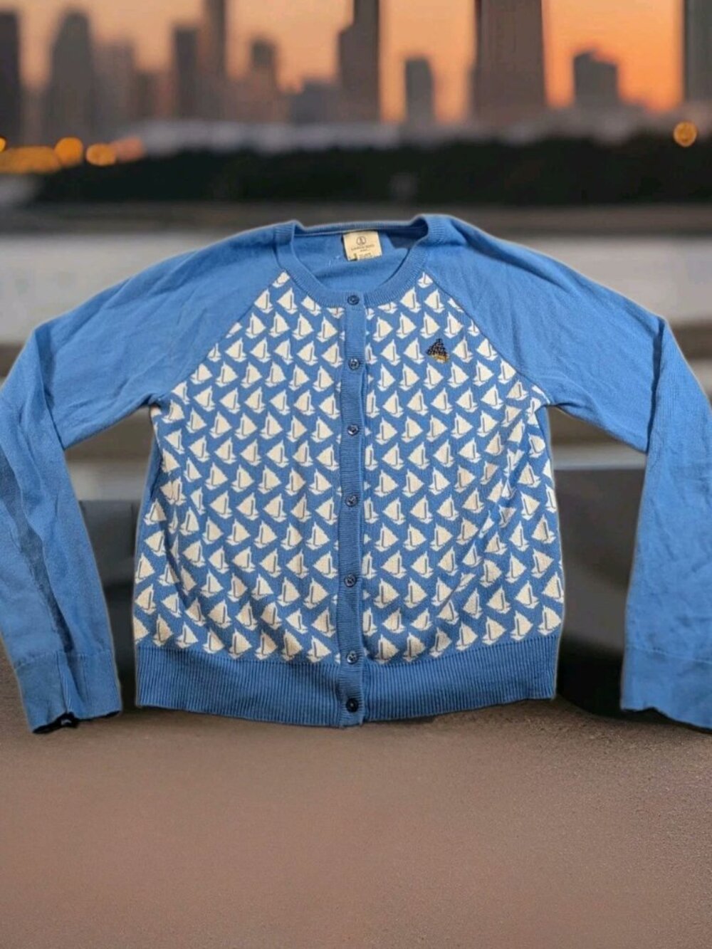 Lands' End Girl's Blue And White Cotton Blend Cardigan Sweater Top SIZE L (14)